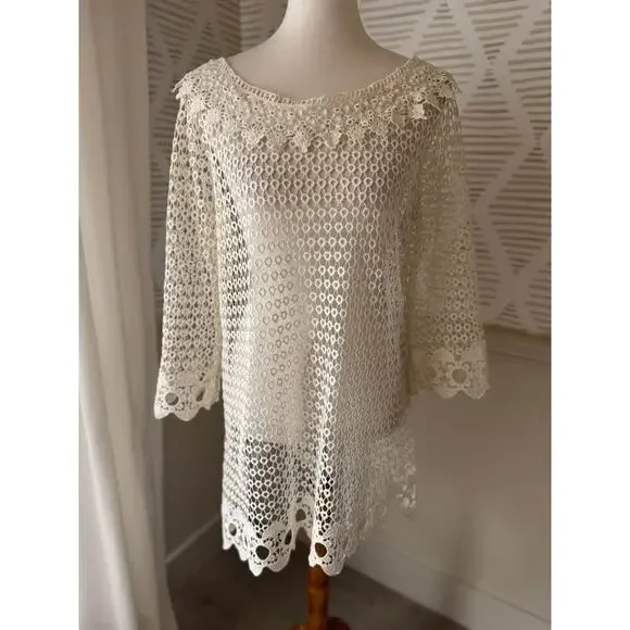 Small Cream Lace Knit Croquet Coastal Grandma Dress Overlay or Swim Coverup - Picture 1 of 7